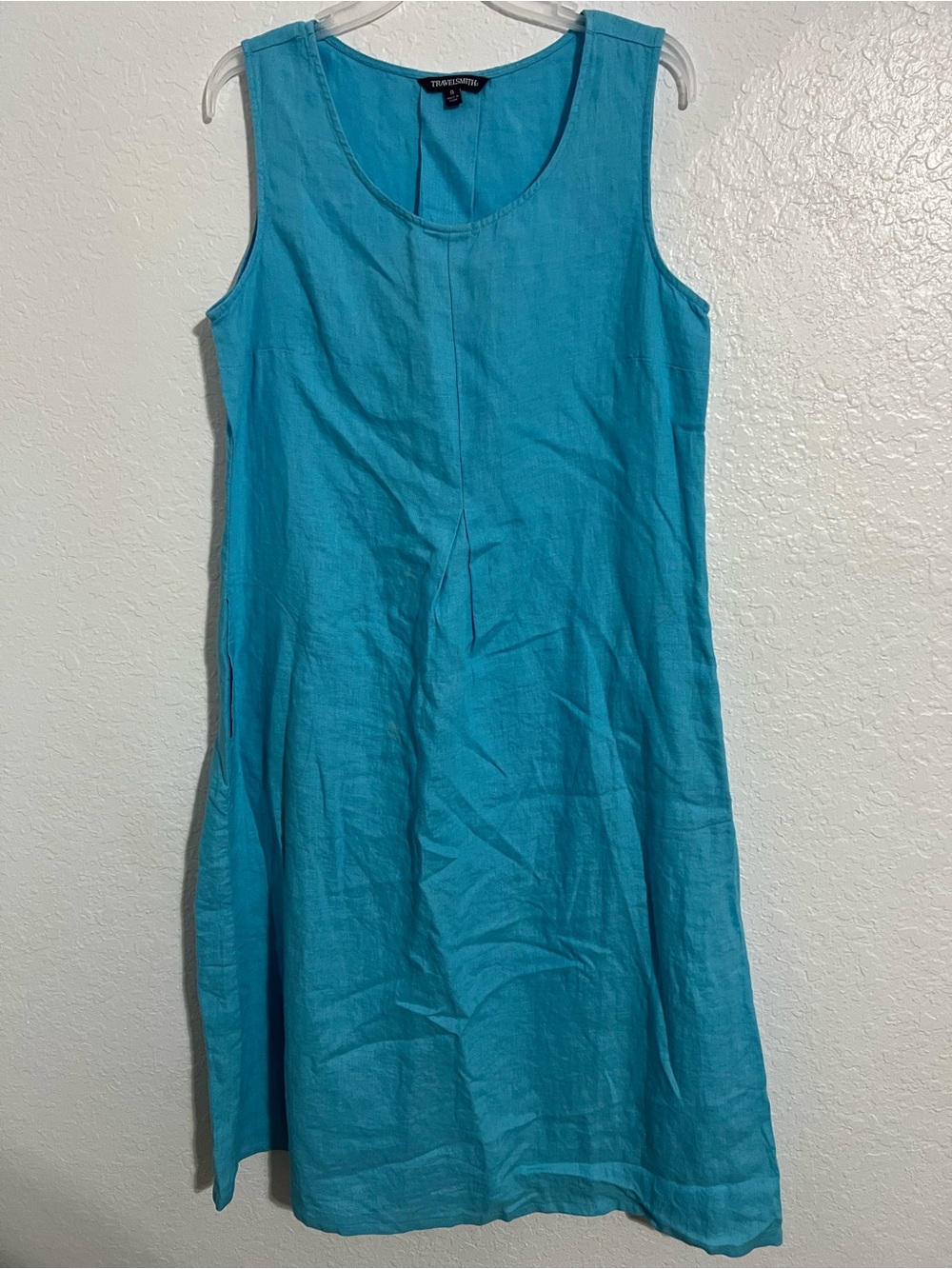 Travelsmith Linen Midi Dress Womens Blue  Sleeveless Pockets Size S #842